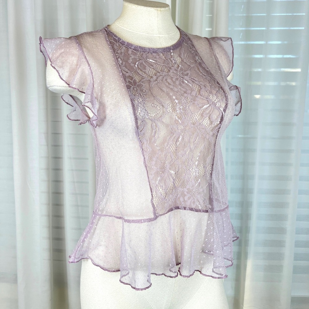 New Look Lace Mesh Ruffle Top Sheer Cap Sleeve‎ Womens Size 8 petite fairy